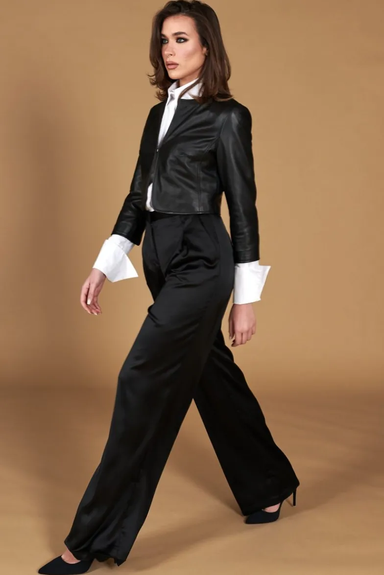 Donna D'Arienzo Miss - Giacca corta bolero in pelle nera girocollo nappa effetto liscio