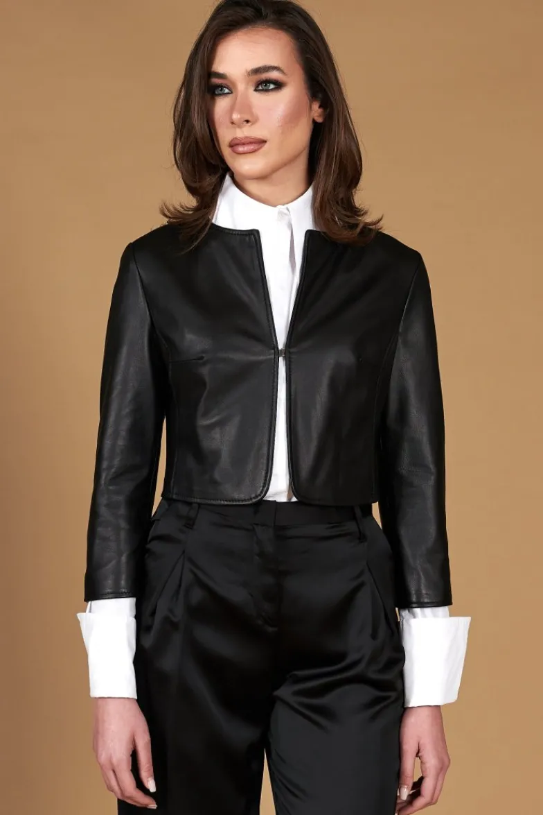Donna D'Arienzo Miss - Giacca corta bolero in pelle nera girocollo nappa effetto liscio