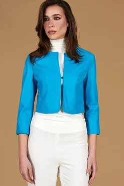 Donna D'Arienzo Miss - Giacca corta bolero in pelle naturale azzurra girocollo
