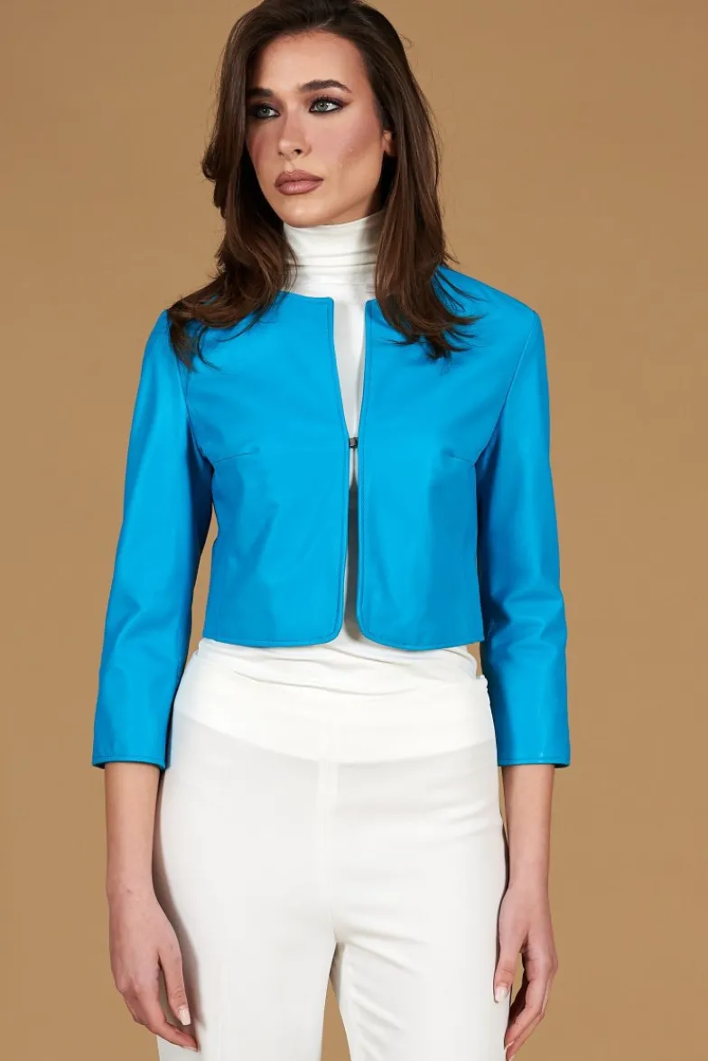 Donna D'Arienzo Miss - Giacca corta bolero in pelle naturale azzurra girocollo