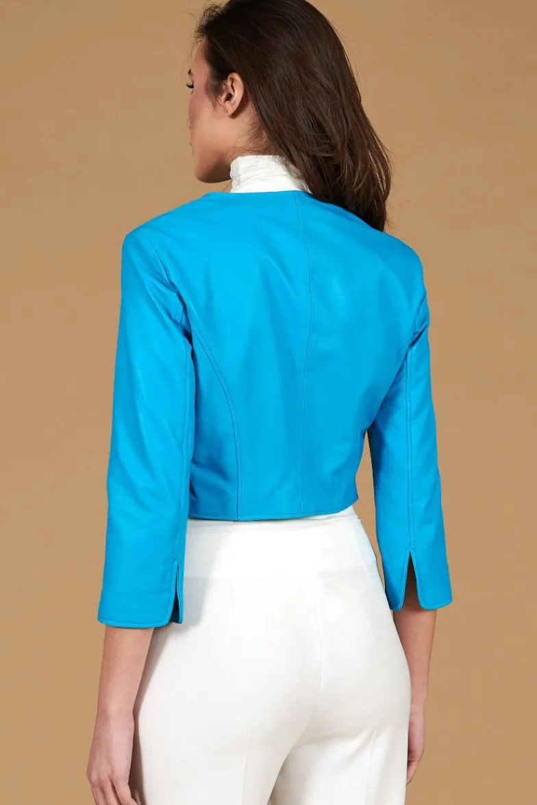 Donna D'Arienzo Miss - Giacca corta bolero in pelle naturale azzurra girocollo