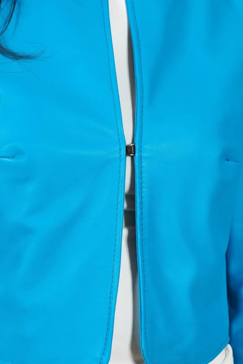 Donna D'Arienzo Miss - Giacca corta bolero in pelle naturale azzurra girocollo