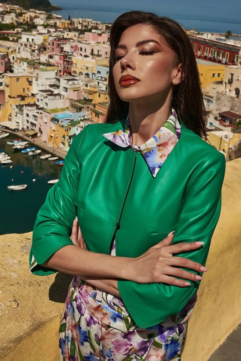 Donna D'Arienzo Miss - Giacca corta bolero in pelle verde smeraldo girocollo
