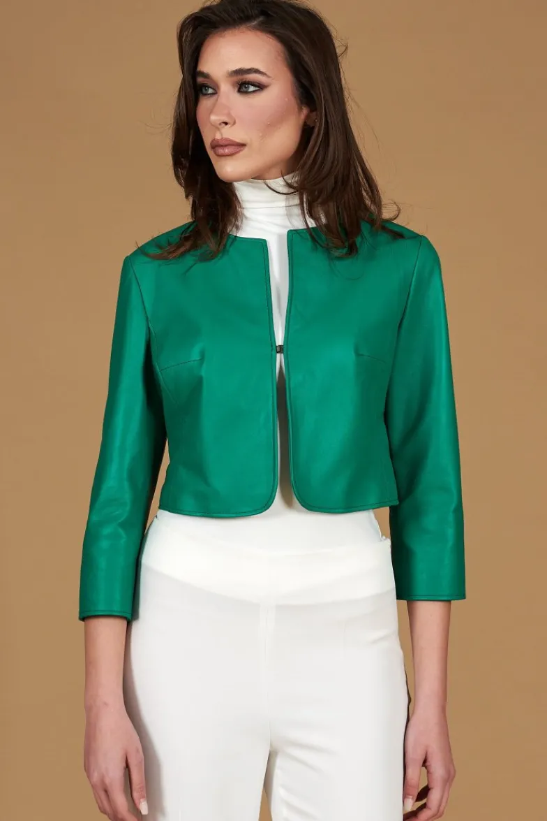 Donna D'Arienzo Miss - Giacca corta bolero in pelle verde smeraldo girocollo