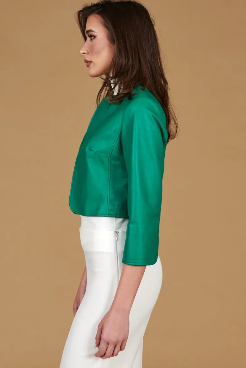 Donna D'Arienzo Miss - Giacca corta bolero in pelle verde smeraldo girocollo