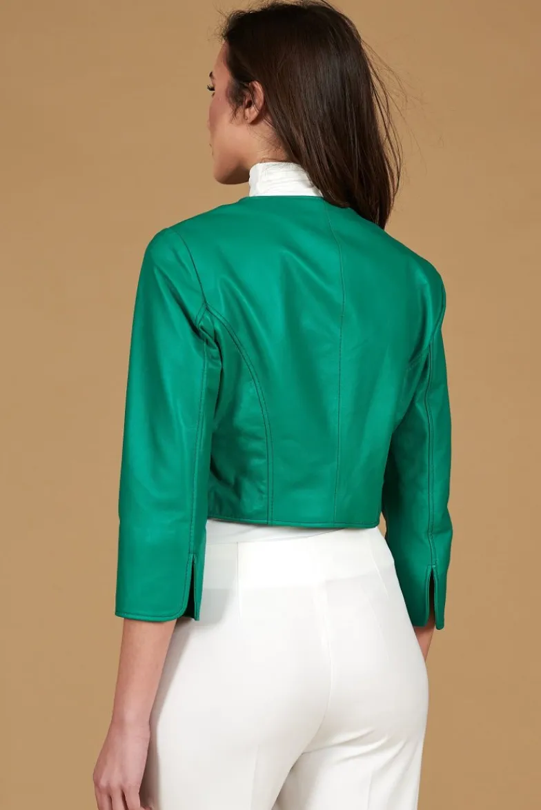 Donna D'Arienzo Miss - Giacca corta bolero in pelle verde smeraldo girocollo