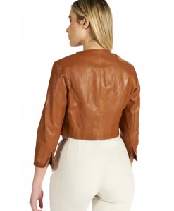 Donna D'Arienzo Miss - Giacca corta bolero in pelle cuoio girocollo effetto vintage
