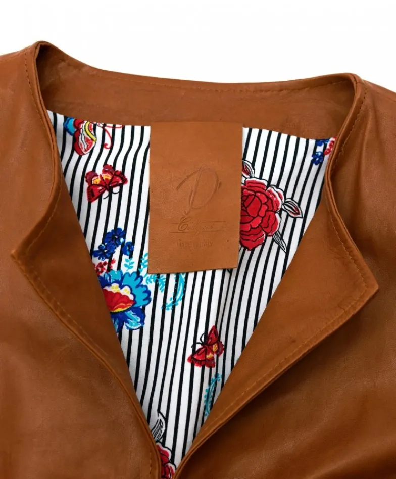 Donna D'Arienzo Miss - Giacca corta bolero in pelle cuoio girocollo effetto vintage