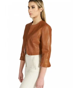 Donna D'Arienzo Miss - Giacca corta bolero in pelle cuoio girocollo effetto vintage