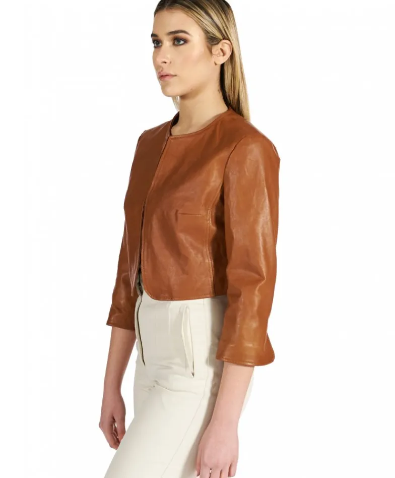 Donna D'Arienzo Miss - Giacca corta bolero in pelle cuoio girocollo effetto vintage