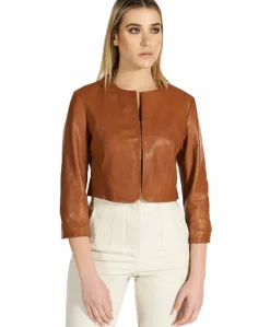 Donna D'Arienzo Miss - Giacca corta bolero in pelle cuoio girocollo effetto vintage