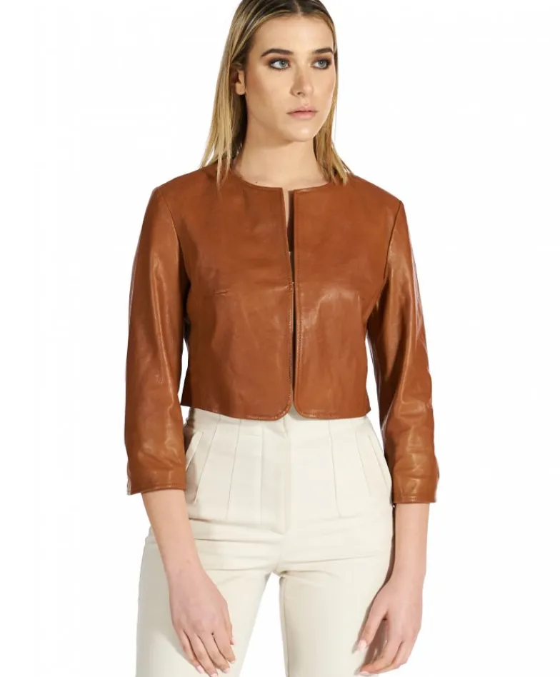Donna D'Arienzo Miss - Giacca corta bolero in pelle cuoio girocollo effetto vintage
