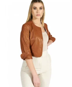 Donna D'Arienzo Miss - Giacca corta bolero in pelle cuoio girocollo effetto vintage