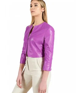 Donna D'Arienzo Miss - Giacca corta bolero in pelle naturale glicine girocollo