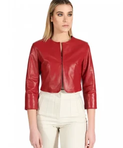 Donna D'Arienzo Miss - Giacca corta bolero in pelle rossa girocollo nappa effetto liscio