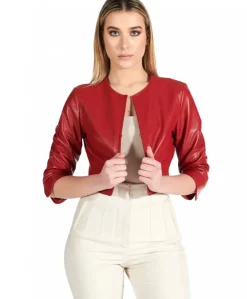 Donna D'Arienzo Miss - Giacca corta bolero in pelle rossa girocollo nappa effetto liscio