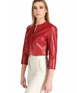 Donna D'Arienzo Miss - Giacca corta bolero in pelle rossa girocollo nappa effetto liscio