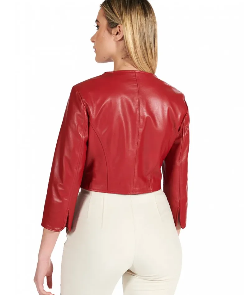 Donna D'Arienzo Miss - Giacca corta bolero in pelle rossa girocollo nappa effetto liscio