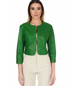 Donna D'Arienzo Miss - Giacca corta bolero in pelle verde menta girocollo