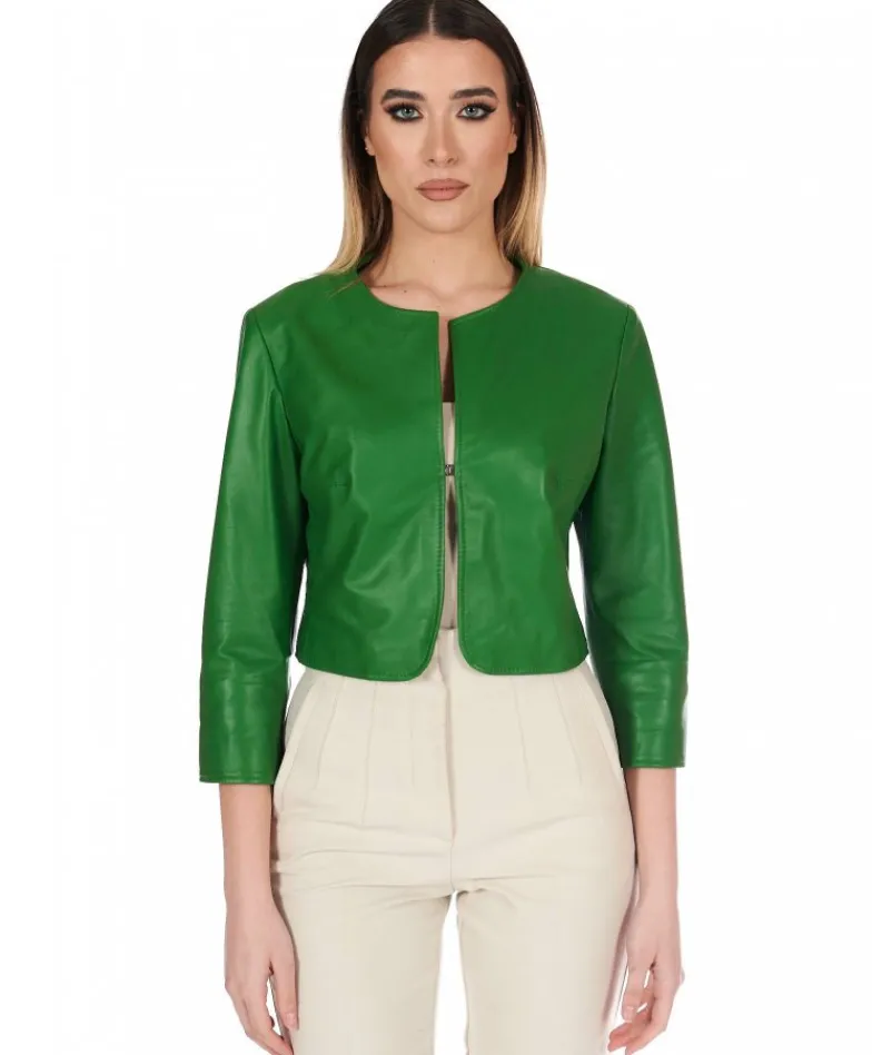 Donna D'Arienzo Miss - Giacca corta bolero in pelle verde menta girocollo