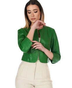 Donna D'Arienzo Miss - Giacca corta bolero in pelle verde menta girocollo