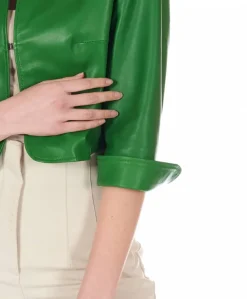Donna D'Arienzo Miss - Giacca corta bolero in pelle verde menta girocollo