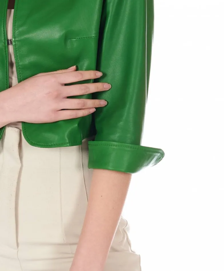 Donna D'Arienzo Miss - Giacca corta bolero in pelle verde menta girocollo