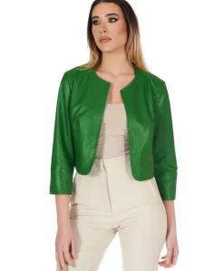 Donna D'Arienzo Miss - Giacca corta bolero in pelle verde menta girocollo