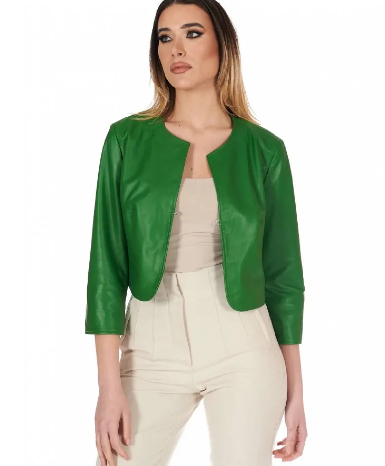 Donna D'Arienzo Miss - Giacca corta bolero in pelle verde menta girocollo