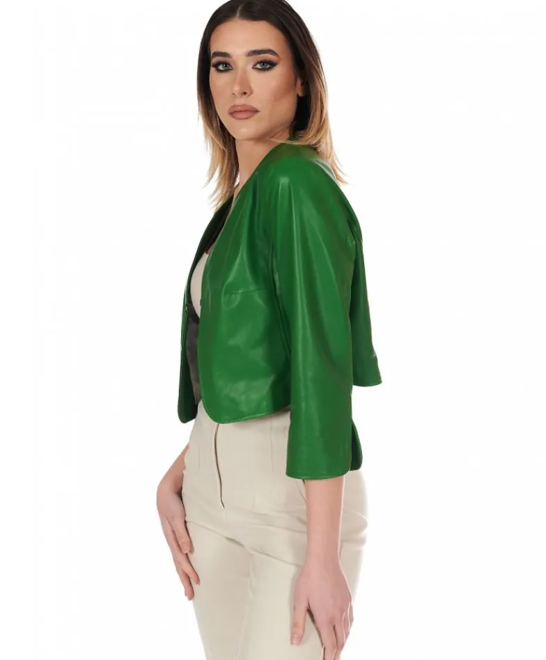 Donna D'Arienzo Miss - Giacca corta bolero in pelle verde menta girocollo