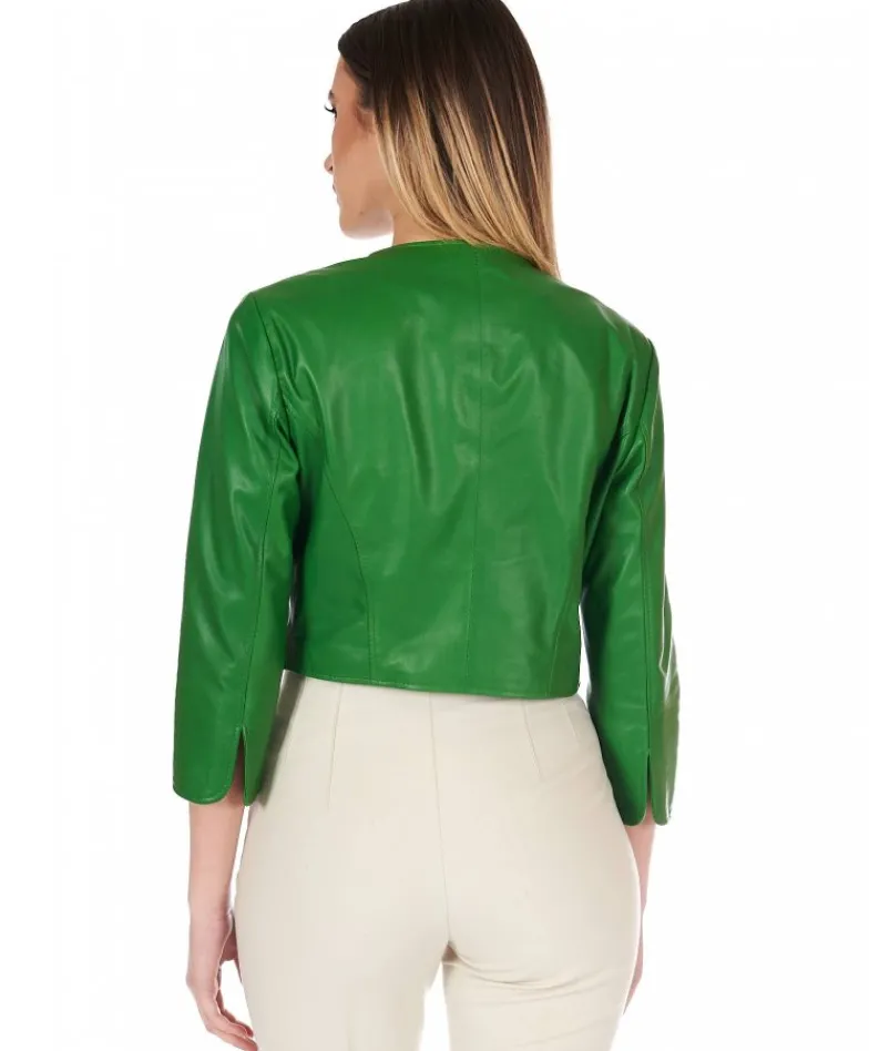 Donna D'Arienzo Miss - Giacca corta bolero in pelle verde menta girocollo