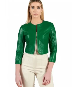 Donna D'Arienzo Miss - Giacca corta bolero in pelle naturale verde girocollo
