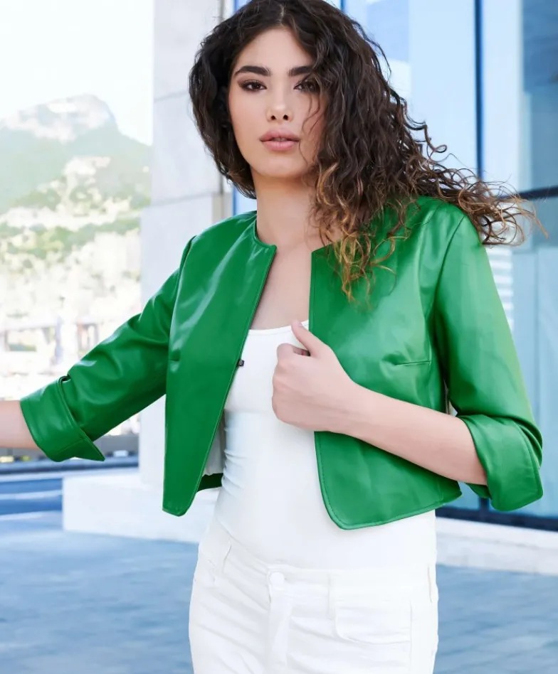 Donna D'Arienzo Miss - Giacca corta bolero in pelle naturale verde girocollo