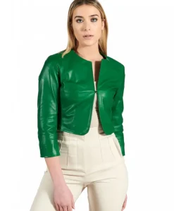 Donna D'Arienzo Miss - Giacca corta bolero in pelle naturale verde girocollo
