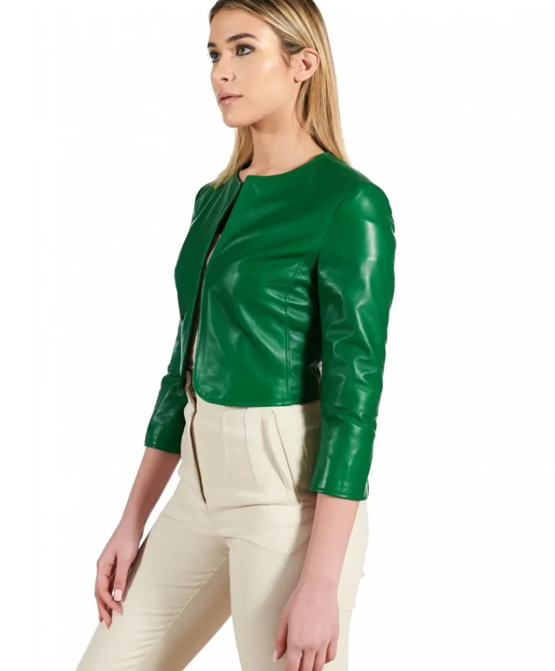 Donna D'Arienzo Miss - Giacca corta bolero in pelle naturale verde girocollo
