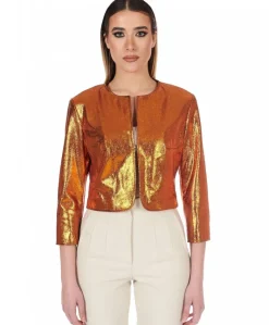 Donna D'Arienzo Miss - Giacca corta bolero in pelle laminata arancio girocollo