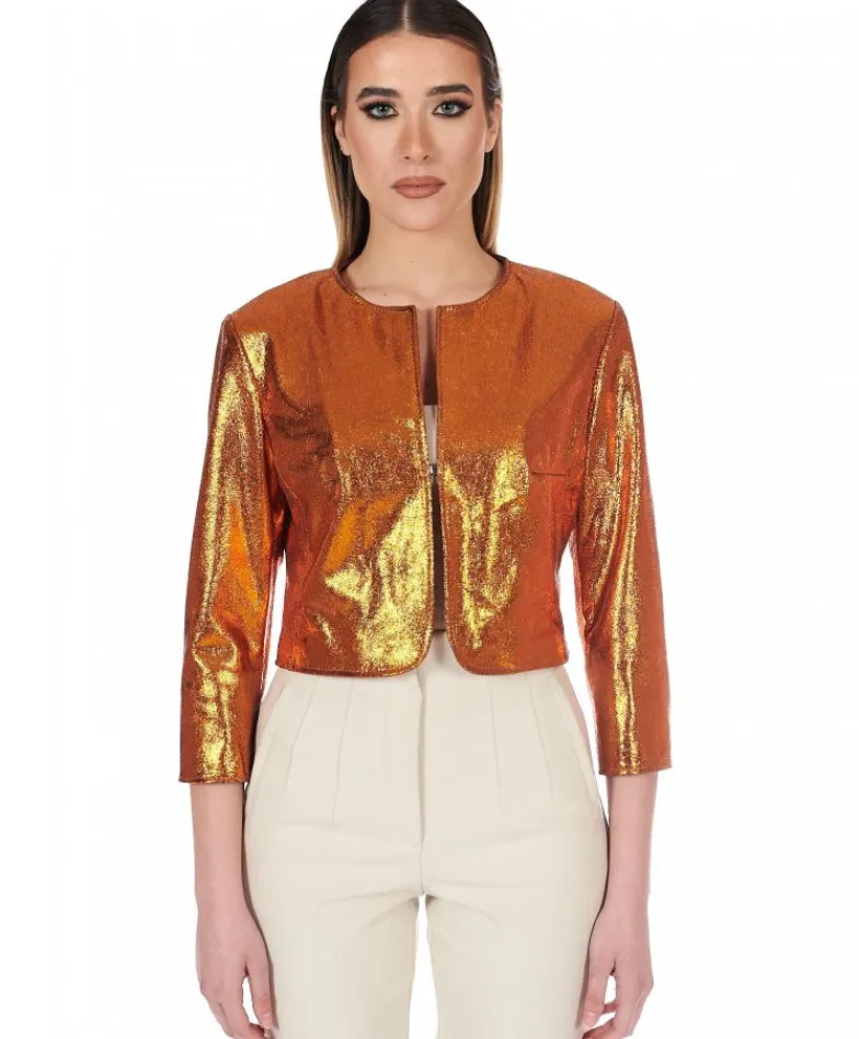 Donna D'Arienzo Miss - Giacca corta bolero in pelle laminata arancio girocollo