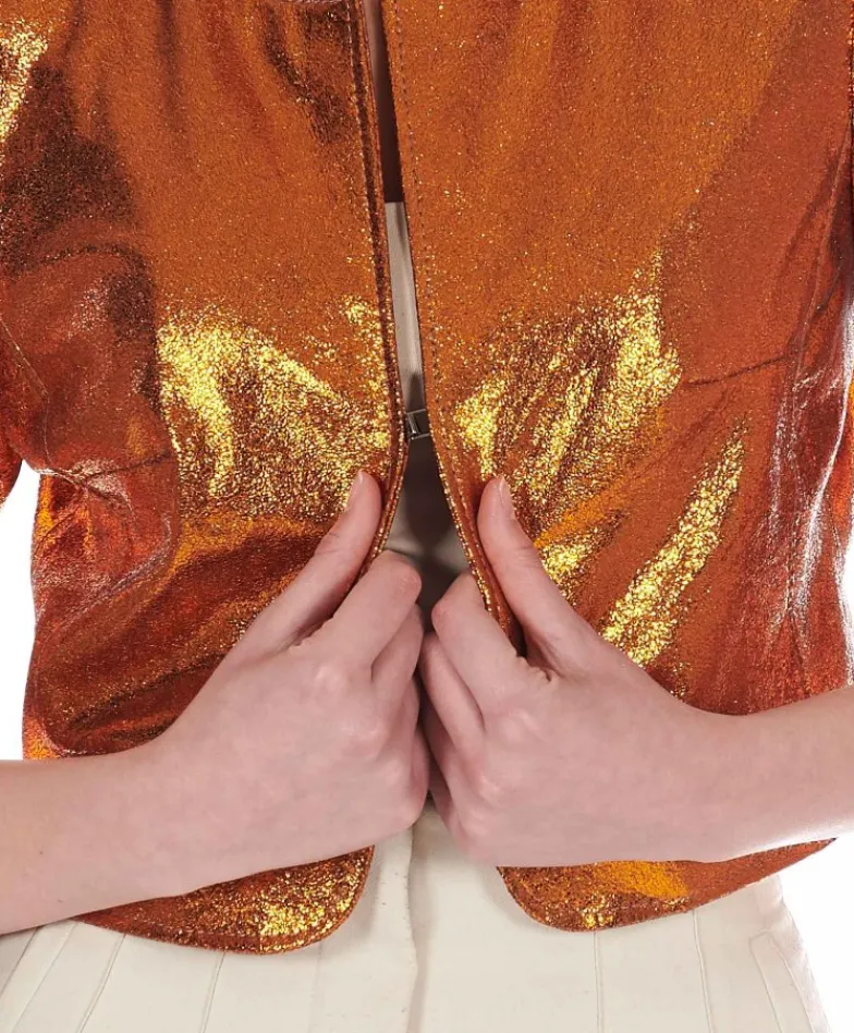 Donna D'Arienzo Miss - Giacca corta bolero in pelle laminata arancio girocollo