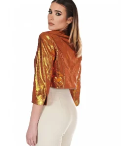 Donna D'Arienzo Miss - Giacca corta bolero in pelle laminata arancio girocollo