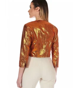 Donna D'Arienzo Miss - Giacca corta bolero in pelle laminata arancio girocollo