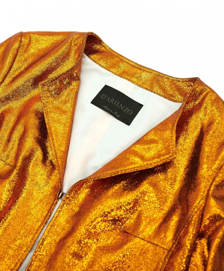 Donna D'Arienzo Miss - Giacca corta bolero in pelle laminata arancio girocollo