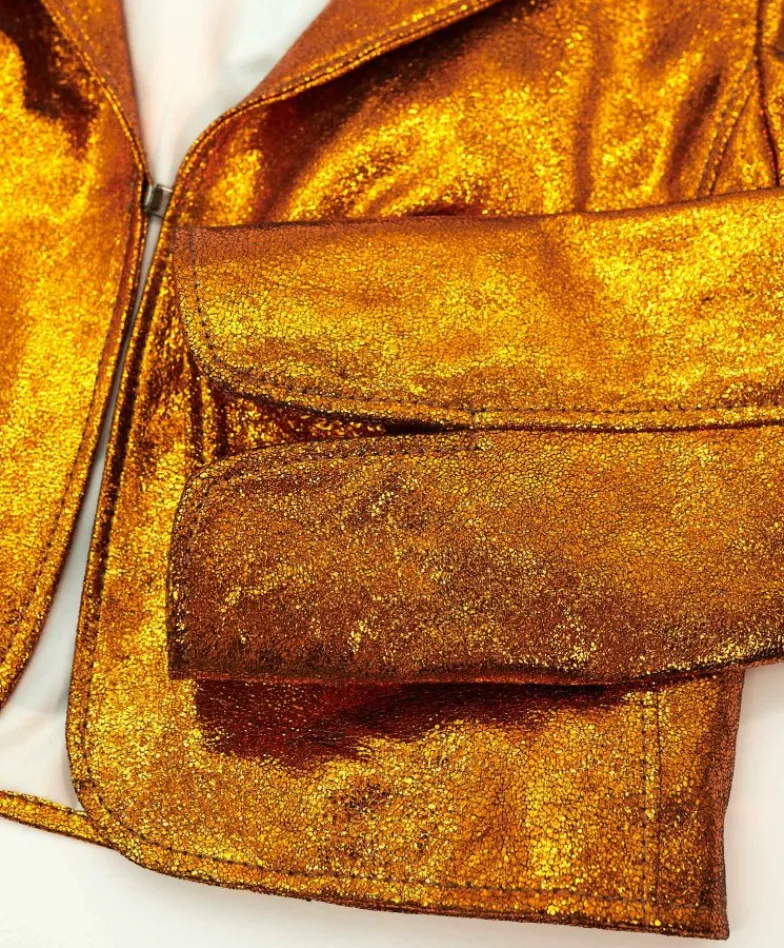 Donna D'Arienzo Miss - Giacca corta bolero in pelle laminata arancio girocollo