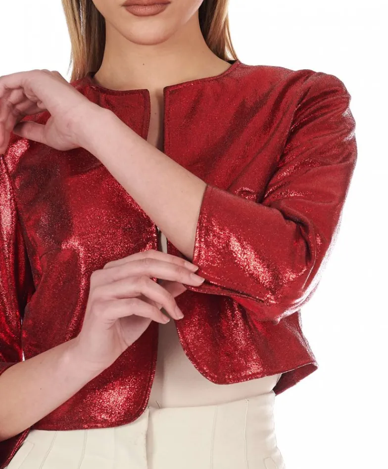 Donna D'Arienzo Miss - Giacca corta bolero in pelle laminata rossa girocollo
