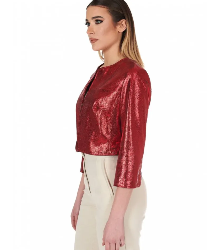 Donna D'Arienzo Miss - Giacca corta bolero in pelle laminata rossa girocollo