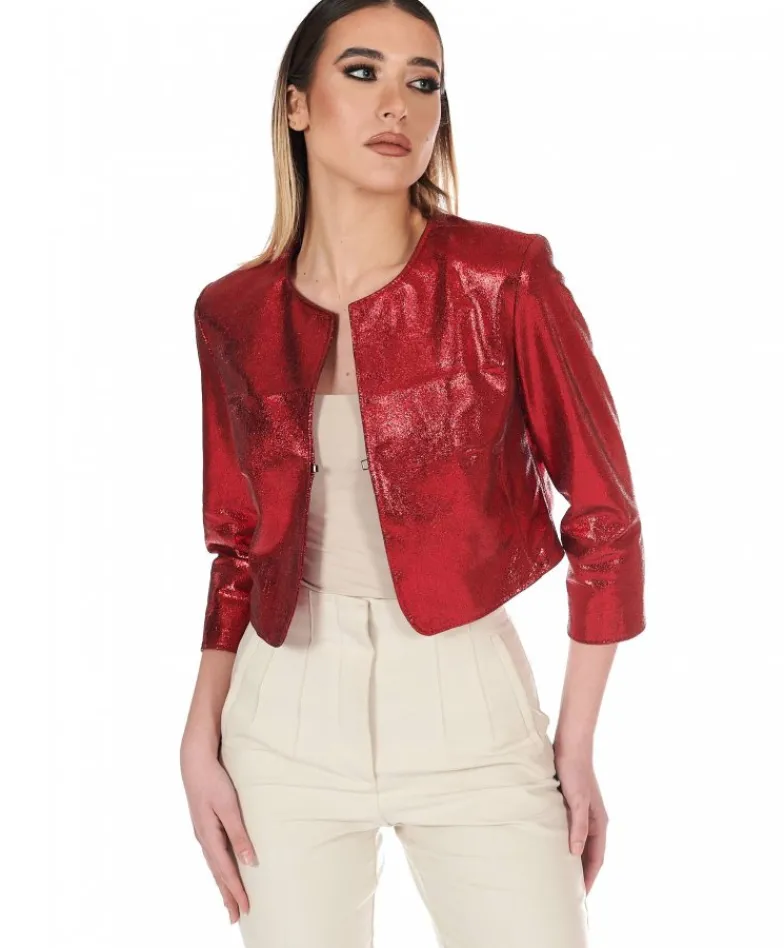Donna D'Arienzo Miss - Giacca corta bolero in pelle laminata rossa girocollo