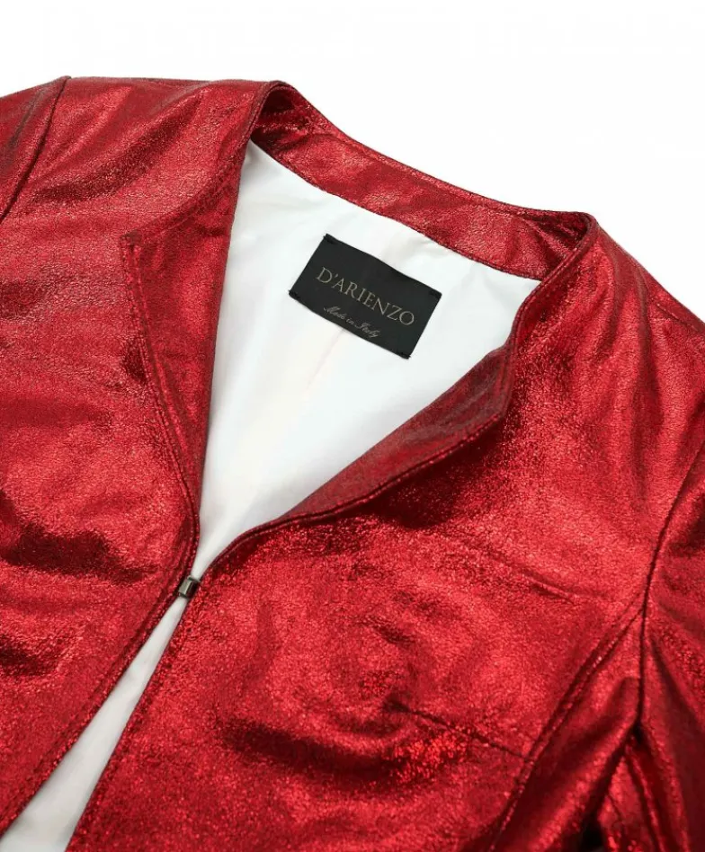 Donna D'Arienzo Miss - Giacca corta bolero in pelle laminata rossa girocollo