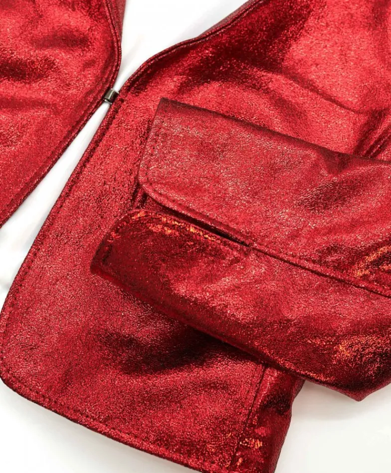 Donna D'Arienzo Miss - Giacca corta bolero in pelle laminata rossa girocollo