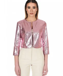 Donna D'Arienzo Miss - Giacca corta bolero in pelle laminata rosa girocollo