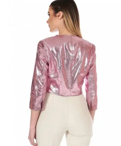 Donna D'Arienzo Miss - Giacca corta bolero in pelle laminata rosa girocollo