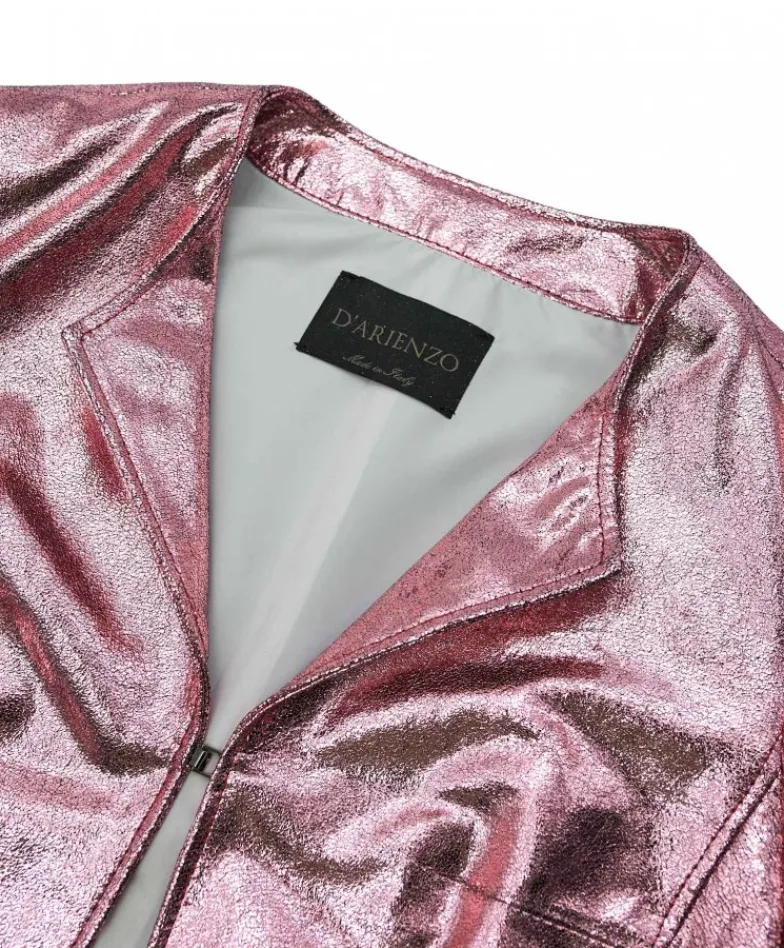 Donna D'Arienzo Miss - Giacca corta bolero in pelle laminata rosa girocollo